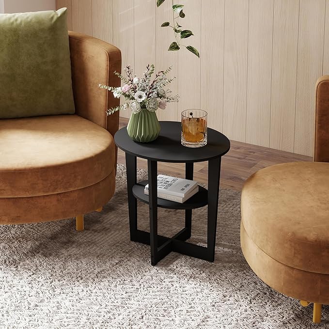 Living Room End Table, Small Side Table with 2-Tier Open Storage for Small Spaces, Apartment Home Office, Black