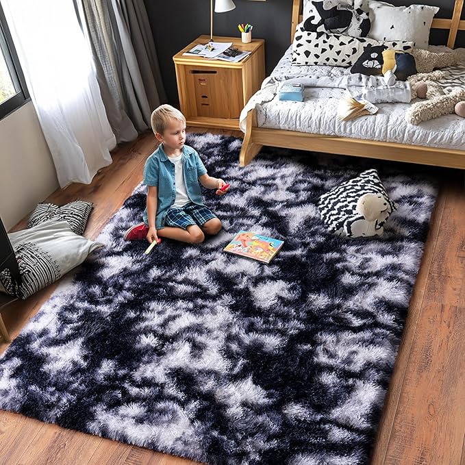 Black and White Rug for Bedroom, 5x7 Area Rug for Kids Room, Bedside Indoor Floor Fluffy Shag Carpet, Plush Soft Rug for Living Room Nursery Dorm Home Decor