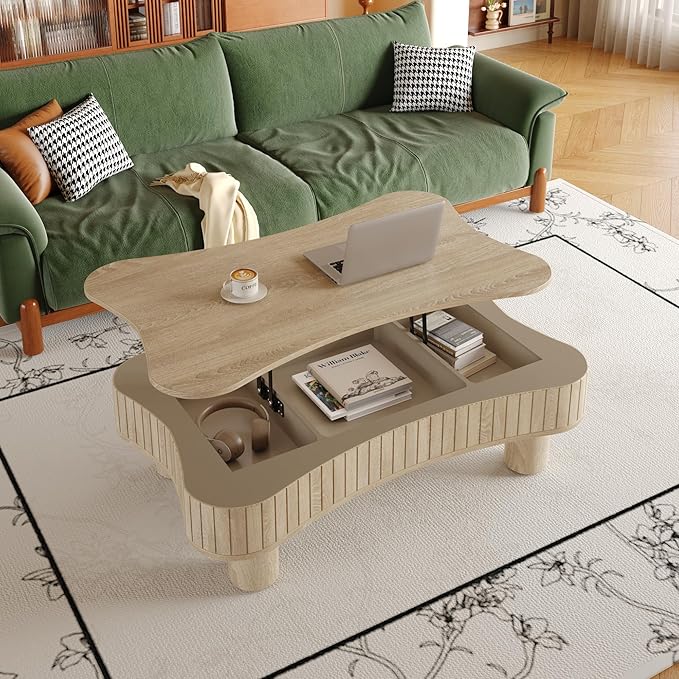 42.5" Lift Top Fluted Coffee Table with Hidden Storage Compartment, Modern Cloud-Shaped Wooden Center Table Cocktail Tea Table with Curved Safety Corners and Adjustable Height, Natural