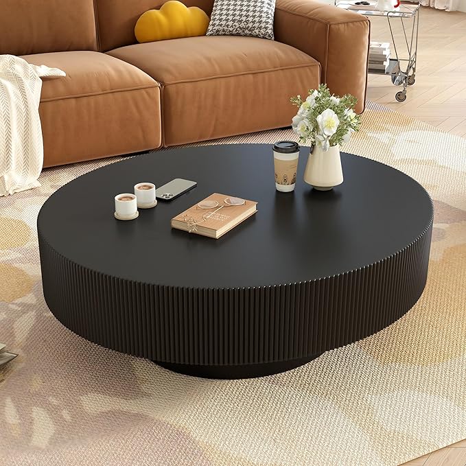 31.5" Round Coffee Table Modern Wooden Coffee Tables for Living Room Black Circle Drum Coffee Table with Sturdy Pedesta Circular Fluted Center Table for Apartment Living Room