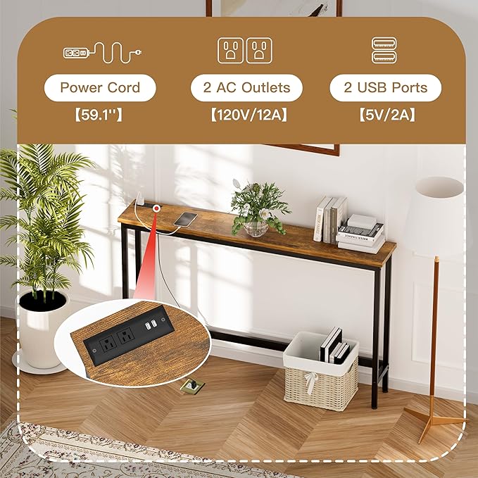 35'' High Behind Couch Table, Narrow Console Table with Outlet, Sofa Table for Entryway Hallway, Living Room, Brown