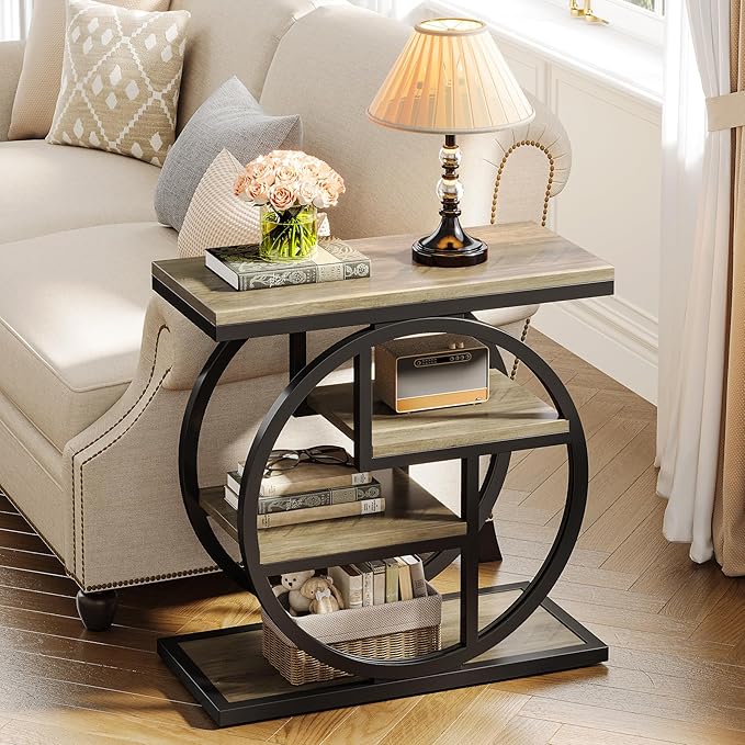 Tribesigns End Table for Living Room, 4-Tier Narrow Side Table with Storage Shelves, Industrial Bedside Table for Bedroom, Wood Small Sofa Side Table with Geometric Metal Frame (1 PC, Grey)