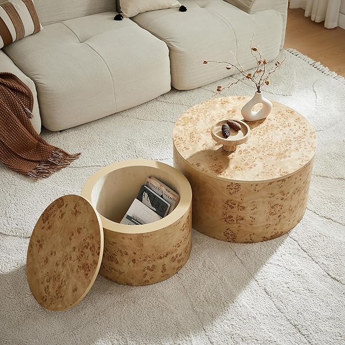 Nesting Coffee Table Set of 2 with Storage,Modern Round Burl Wood Veneer Circle Accent Side Tables for Living Room,Small Space,Bedroom,Balcony,Office,Brown(27.56"+19.69")
