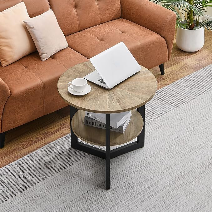 LEEMTORIG Round Side Table, Large 2-Tier End Table Nightstand with Metal Legs, Modern Bedside Couch Table for Living Room, Bedroom, Office, Rustic Natural/Black, 25.2 x 25.2 x 24 inches CJZ-1338