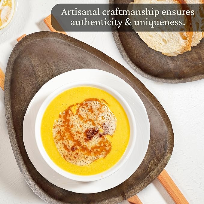 2 Pack Rustic Wooden Serving Tray - Oval Handcrafted Decorative Tray with Felt Base - Coffee Table, Bathroom Vanity, Kitchen Counter Organizer 12 & 14 Inches (Brown)- CLEENTABLE