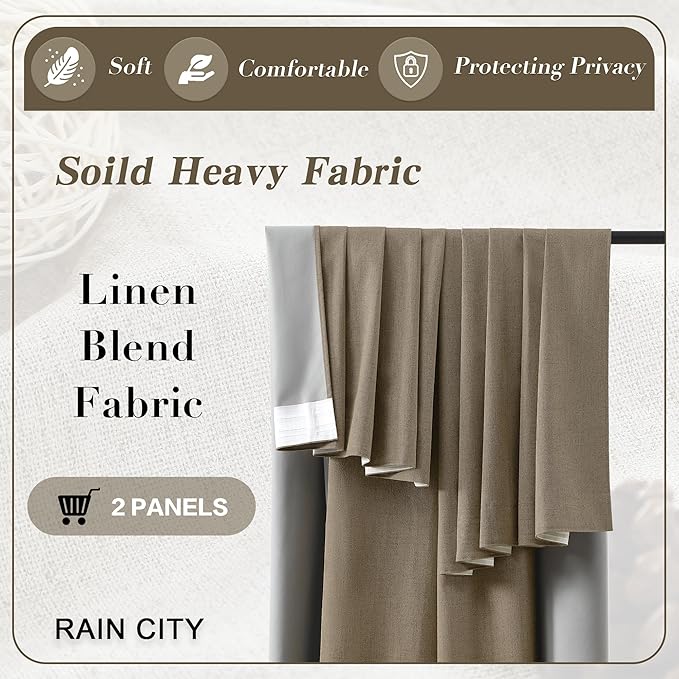 RAIN CITY Linen Brown Curtains 102 Inch Long 2 Panels Burg, Full Blackout Back Tab Pleated Look Drapes with Hooks, Thermal Insulated Boho Rustic Curtains for Living Room (50x102 in Lenght,Linen)