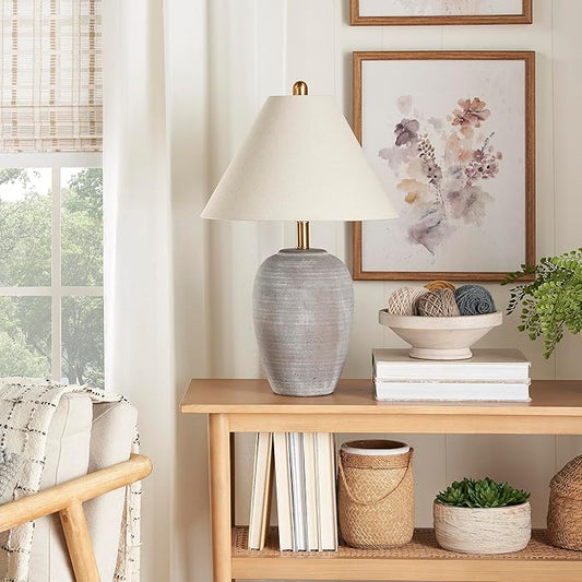 Nourison Home 23" Rustic Brown (Gray Undertones) Ceramic Pot Table Lamp for Bedroom, Living Room, Dining, Home Office, Entryway