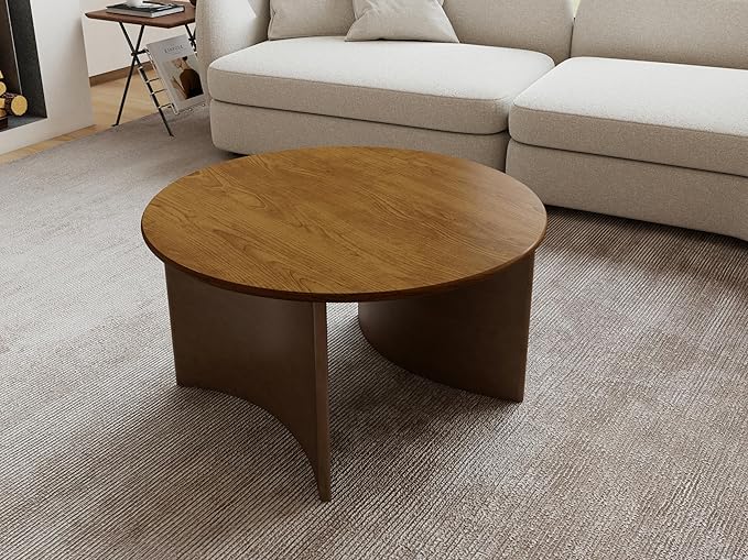 31.5" Mid Century Modern Coffee Table for Living Room, Round Table with Rubber Legs, Small Unique Cocktail Tea Table for Living Room Bedroom Apartment Small Space, Walnut