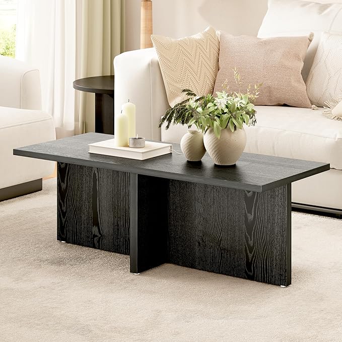 Luoxiao Rectangle Coffee Table for Living Room 47 inch Wood Modern Center Accent Table Minimalist Small Rectangular Cocktail Table Black, Space Saving, Easy Assembly