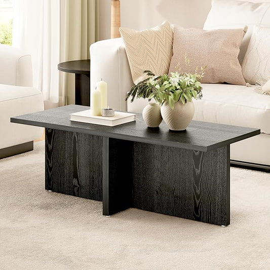 Luoxiao Rectangle Coffee Table for Living Room 47 inch Wood Modern Center Accent Table Minimalist Small Rectangular Cocktail Table Black, Space Saving, Easy Assembly