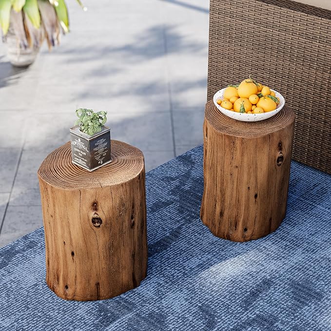 SUNBURY Outdoor Stump Side Table, Faux Wooden Concrete Side Table, Tree Stump Wooden Stool, Patio End Table, Round Outdoor Accent Drum Table, Light Brown Ottoman or Plant Stand