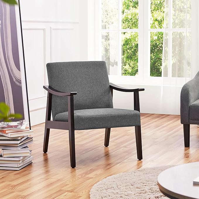 Yaheetech Accent Chair, Mid-Century Living Room Chair, Modern Linen Fabric Side Chair with High Back for Living Room/Office/Bedroom, Minimalist, Dark Gray