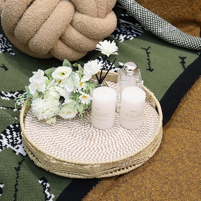 GYASVWU Round Decorative Serving Tray with Handles, Paper Rope Woven Tray for Coffee Table, Rattan Serving Tray for Ottoman, Dining Table Trays, Wicker Trays for Kitchen/Living Room/Bedroom (Beige)