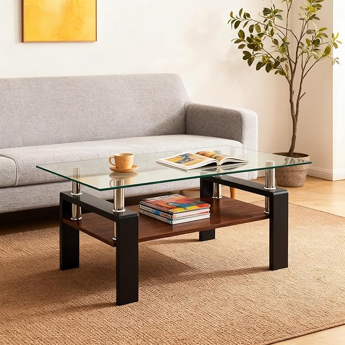 Coffee Table for Living Room, Modern Rectangle Tempered Glass Center Table with MDF Storage Shelf, 220lbs Load-Bearing for Small Space, Apartment, Office (Transparent + Black + Tempered Glass)