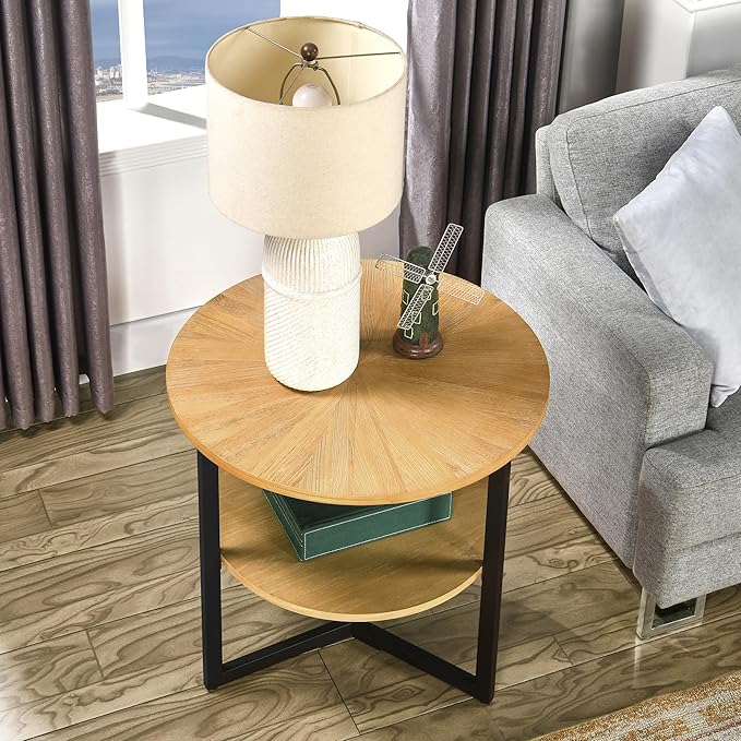 MODERION Round Large End Table with 2 tire Storage Shelf, 25.2” Solid Wood Sofa Side Table with Black Metal Frame, Beside Table for Living Room,Small Space,Natural CJZ1338OA