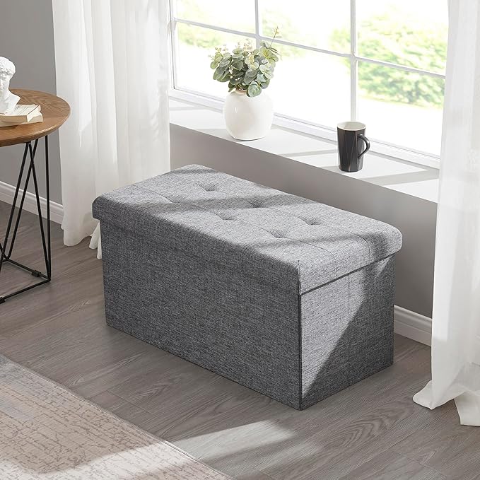 Ornavo Home Foldable Tufted Linen Large Storage Ottoman Bench Foot Rest Stool/Seat - 15" x 30" x 15" (Grey)