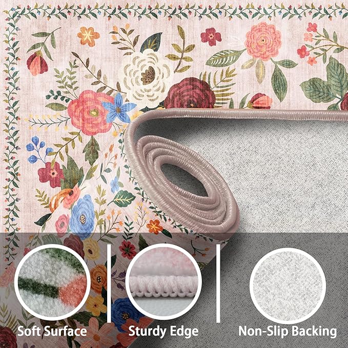 Washable Area Rug 8x10, Large Soft Rugs for Living Room Floral Carpet 8x10 Area Rugs for Bedroom Dining Room Non-Slip Stain Resistant Under Table Rug (8 x 10, Beige/Pink Lawn)