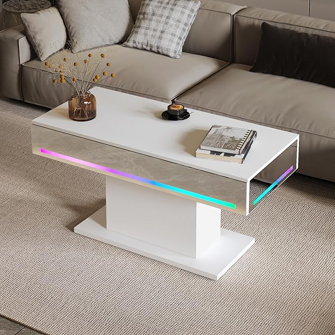 Led Coffee Table for Living Room, Living Room Table Rectangular Center Table, Modern Wooden Coffee Tables with 16 Colors LED Lights for Dining Reception Room