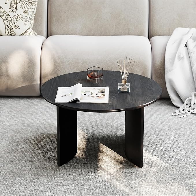 31.5" Mid Century Modern Coffee Table for Living Room, Round Table with Rubber Legs, Small Unique Cocktail Tea Table for Living Room Bedroom Apartment Small Space, Black