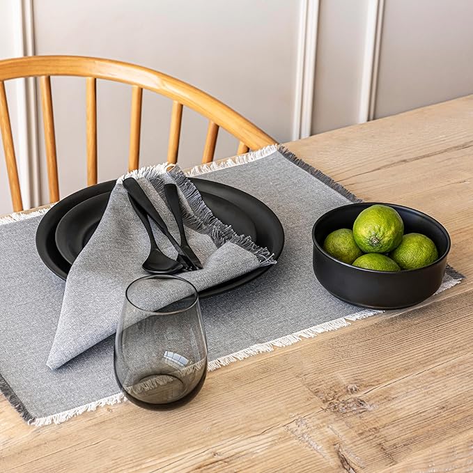 Over&Back Set of 4 Woven Frayed Chambray Placemats - Colorful Dining Table Mat - Hand-Finished Frayed Edges - 100% Cotton - Machine Washable - Kitchen and Home Decor - Grey - 14" L X 20" W