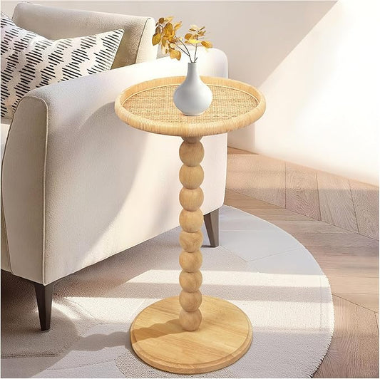 Round Side Table, Solid Wood Small Drink Table for Small Spaces, Boho Rattan End Table for Living Room, Modern Accent Table for Couch, Bedroom, Corners
