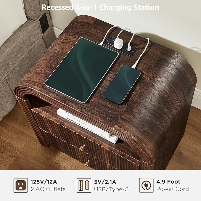 T4TREAM Fluted Nightstand with Charging Station, 24" Large 2 Drawers Bedside Table, Modern End Table with Storage Night Stand for Bedroom, Living Room, Round Curved Corner Design, Dark Walnut