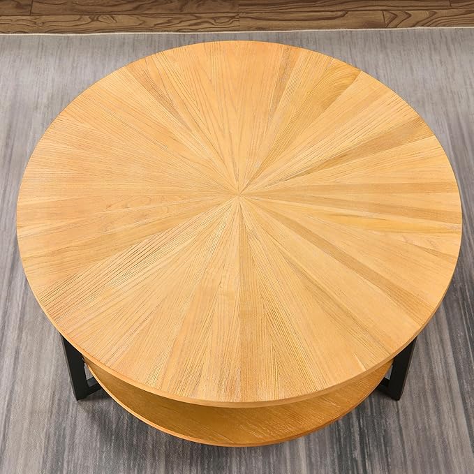 Round Coffee Table with Storage Shelf, 33.5in Circle Accent Center Table with Black Metal Legs, 2-Tier Industrial Cocktail Table for Living Room, Oak-1338OA