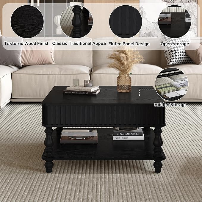31.5" Lift Top Fluted Coffee Table with Hidden & Open Storage, Modern Square Wooden Center Table Cocktail Tea Table with Curved Safety Corners and Adjustable Height for Living Room, Black