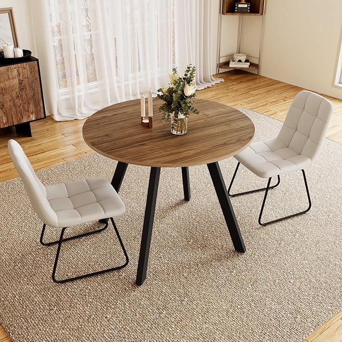 34.6'' Dining Table and Chairs for 2, Mid Century Modern Round Table Set, Space Saving for Apartment Kitchen Dining Room (Walnut Table+2 U-Shaped White Chairs)