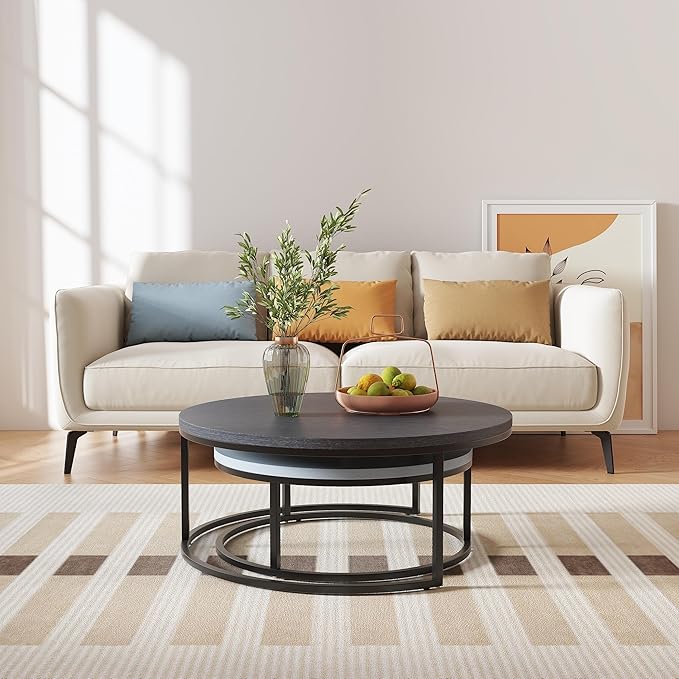 Round Nesting Coffee Table Set of 2, Modern Minimalist Accent Tables for Living Room, Bedroom, Office, Stackable Side Tables (Light & Dark Grey)