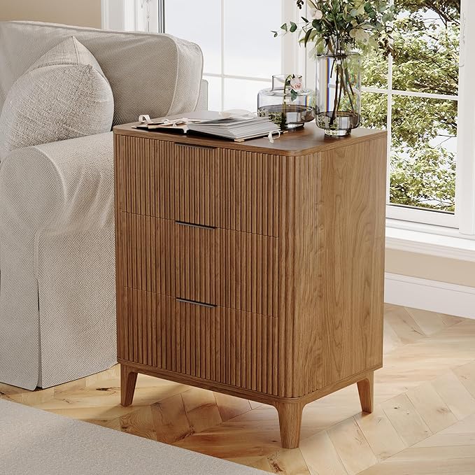 3 Drawer Fluted Dresser for Bedroom, Modern Closet Dressers Chest of Drawers, 23.6" Rustic Wood Nightstand 3-Drawer Dresser Bedside Table, Curved End Table with 3 Large Drawers for Living Room Walnut