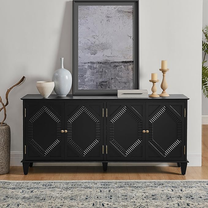 65.2" Mid Century Modern Sideboard Buffet Cabinet with Storage,Symmetrical Geometric Accent Coffee Bar Wine Bar Storage Cabinet,Large Console Table for Living Room/Entryway/Kitchen,Black