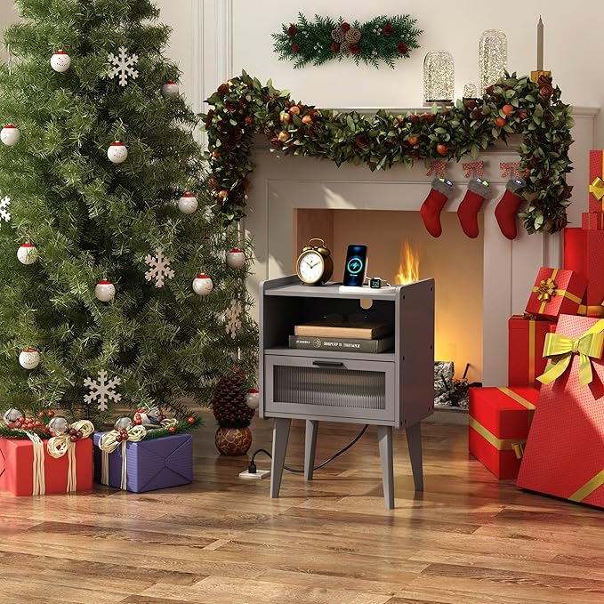 Nightstand with Charging Station, Bedside Tables Set of 2, End Table Side Table with 2 Tiers Storage Space, for Bedroom, Living Room, Grey MLBZ07ZEV-2