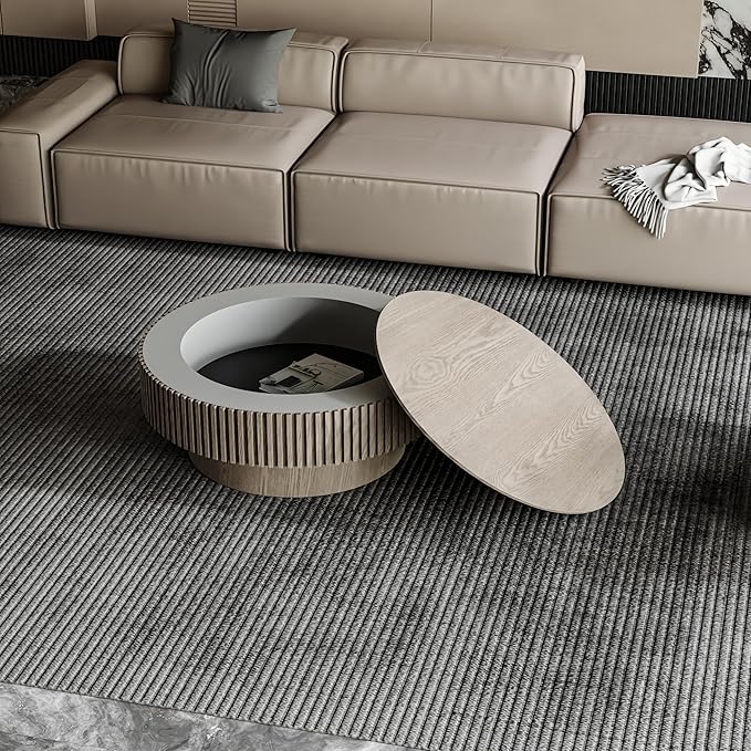 31.5 Inch Round Drum Coffee Table with Storage, Modern Handcraft Fluted Drum Coffee Table, Wooden Round Coffee Table Center Table with Sturdy Pedestal for Living Room Apartment (Grey)