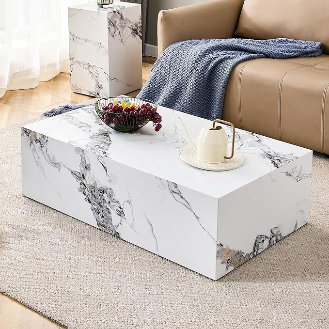 39.3" Rectangular Wood Coffee Table, Modern White Faux Marble Pattern Coffee Tables for Living Room, Contemporary No Assembly Wooden Center Cocktail Table for Bedroom, Reception Room