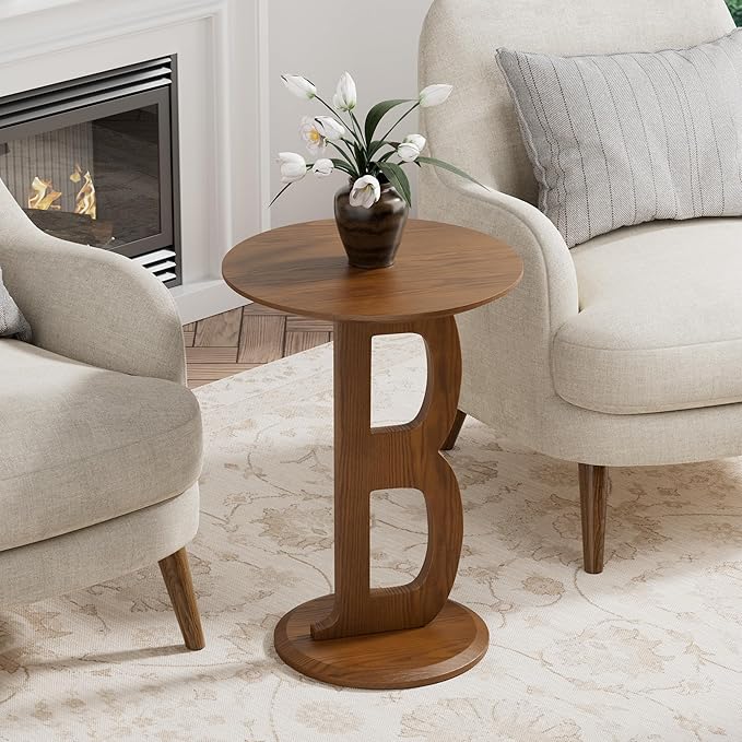 Aoligrace Round Side Table, Modern End Table with Letter B Leg, Wooden Accent Table for Couch Small Coffee Tables Nightstand for Small Spaces Living Room Bedroom