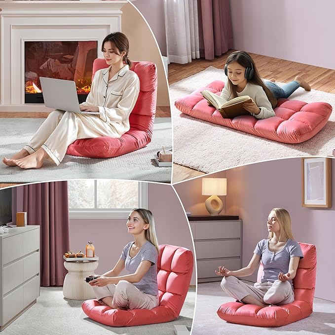 Yaheetech Floor Chair, Meditation Chair with Back Support Gaming Floor Lounger with 14 Adjustable Position for Adult, Pink, 2pcs