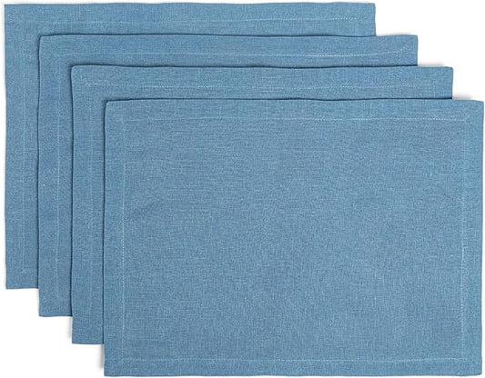 Over&Back Set of 4 Washed 100%-Linen Woven Placemats - Colorful Dining Table Mat - Machine Washable - Kitchen and Home Decor - Blue