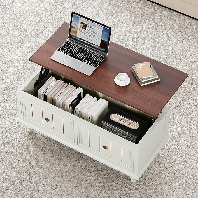 Lift Top Coffee Table for Hidden Compartment, 39" Wood Rectangular Center Table with Lift Tabletop, Sturdy Space-Saving Dining Table for Living Room Home Office Small Space (Beige)