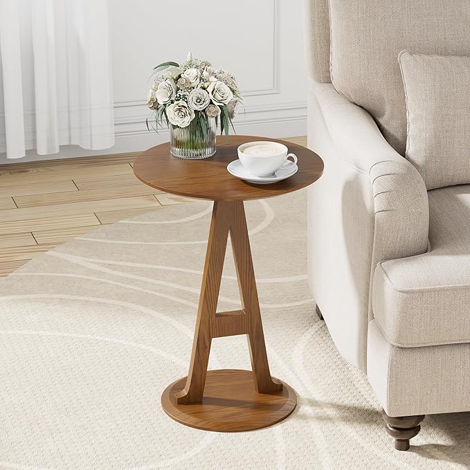 Aoligrace Round End Table, Farmhouse Side Table with Unique A-Shaped Leg,Wooden Small Coffee Tables for Couch Sofa Nightstand Accent Tables for Living Room Bedroom,Easy to Assemble