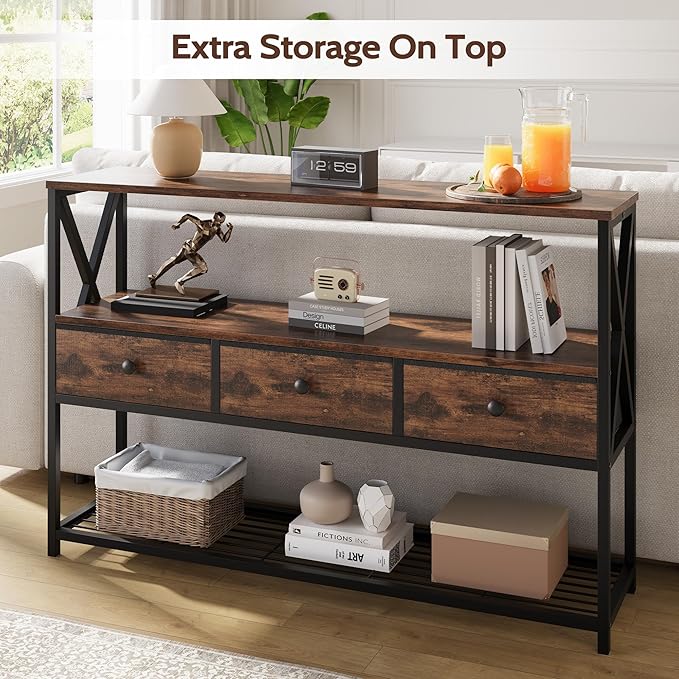 47'' Farmhouse Console Table with 3 Drawers and Open Shelf, Sofa Table Behind Couch for Entryway, Living Room, Hallway, Foyer, Rustic Brown, Durable and Wear-Resistant