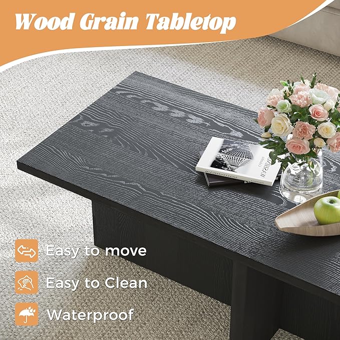 Luoxiao Rectangle Coffee Table for Living Room 47 inch Wood Modern Center Accent Table Minimalist Small Rectangular Cocktail Table Black, Space Saving, Easy Assembly