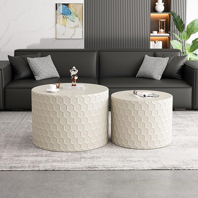 Kevinplus Round Nesting Coffee Table Set of 2, Modern Circle Drum Side Table for Living Room, Contemporary Coffee Table Set, No Assembly, White/Beige