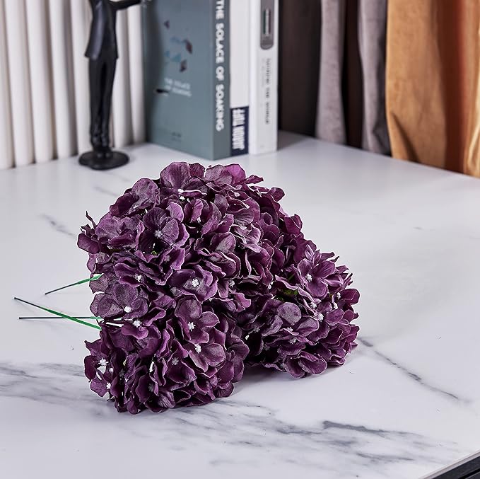 10Pcs Artificial Silk Hydrangea Flower Plum Hydrangea Silk Flowers with Stems for Wedding Bridal Show Centerpieces Bouquets DIY Floral Decor Home Decoration