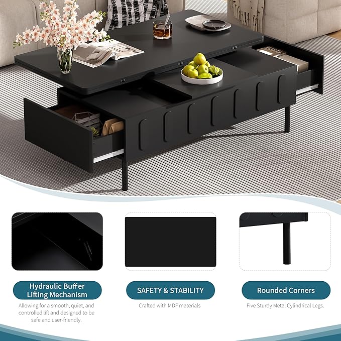 43.3-Inch Lift Top Coffee Table with Hidden Storage & 2 Drawers, Modern Multifunctional Center Table with Foldable Top for Living Room, Black