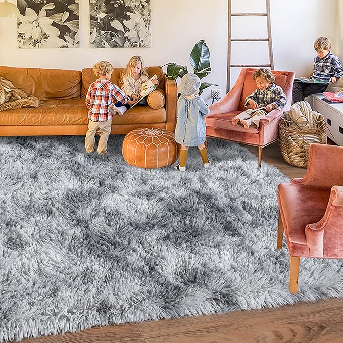 Rugs for Living Room 8x10, Soft Shaggy Modern Shag Area Rug for Bedroom, Upgrade Non-Slip Plush Fluffy Carpet for Kids Boys Girls Room Home Decor Aesthetic, Light Grey