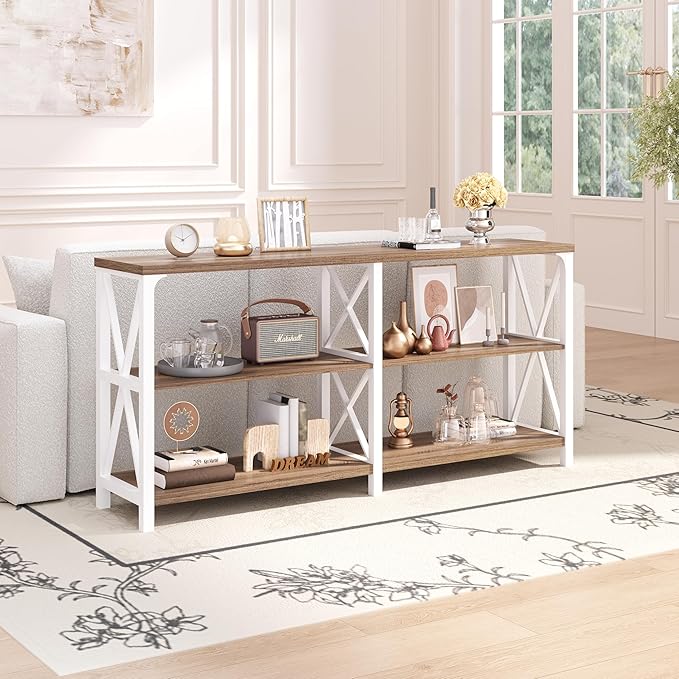 IBF Industrial Console Table, Wood and Metal Entryway Table with Shelves, Farmhouse White and Rustic Oak 3 Tier Sofa Tables for Living Room, Entry, Hallway 63 Inch