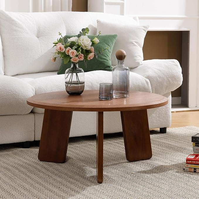 Mid Century Modern Coffee Table Wood Living Room Table Cute Round Coffee Table Center Table Side Table for Living Room Office Reception Room, Walnut