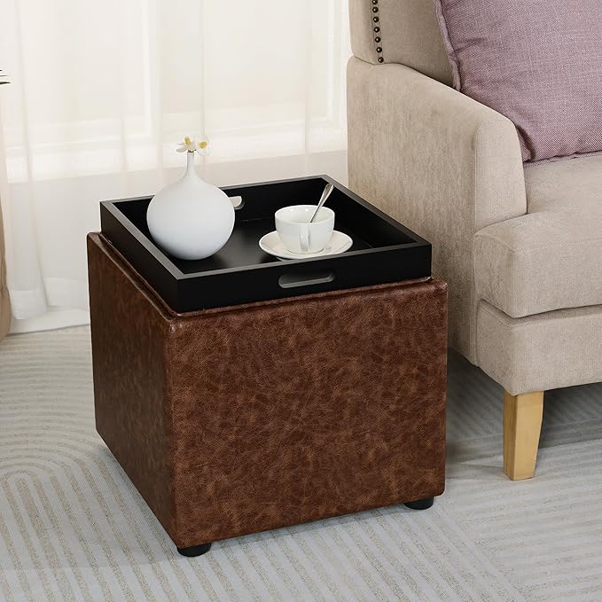 Adeco 17" Storage Ottoman Cube with Tray Lid, Small Footstool with Storage, Square End Table for Living Room & Bedroom