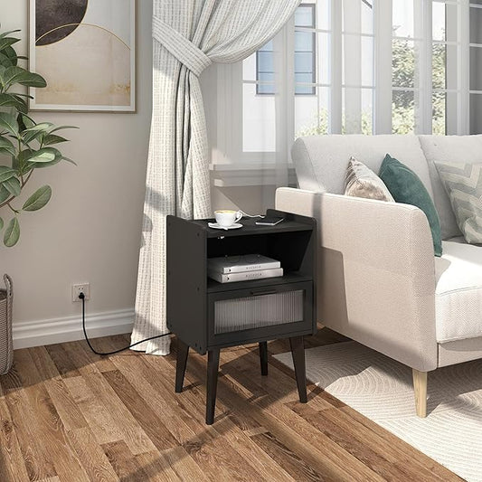 Nightstand with Charging Station, Bedside Tables Set of 2, End Table Side Table with 2 Tiers Storage Space, for Bedroom, Living Room, Black MLBZ07BEV-2